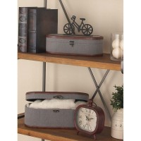 Decmode Set of 2 Contemporary 14 and 15 Inch Gray Fabric Covered Wooden Oval Boxes, Gray   566921753